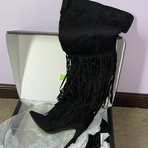 FASHION NOVA Black fringe heeled boots